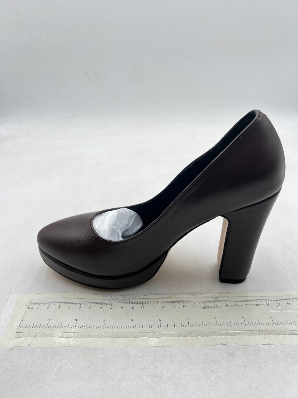 miss left Brown Platform Closed Almond Toe Pumps Classic Slip On Block Heel Shoe